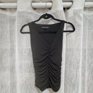 Black, ruched, sleeveless V necked top